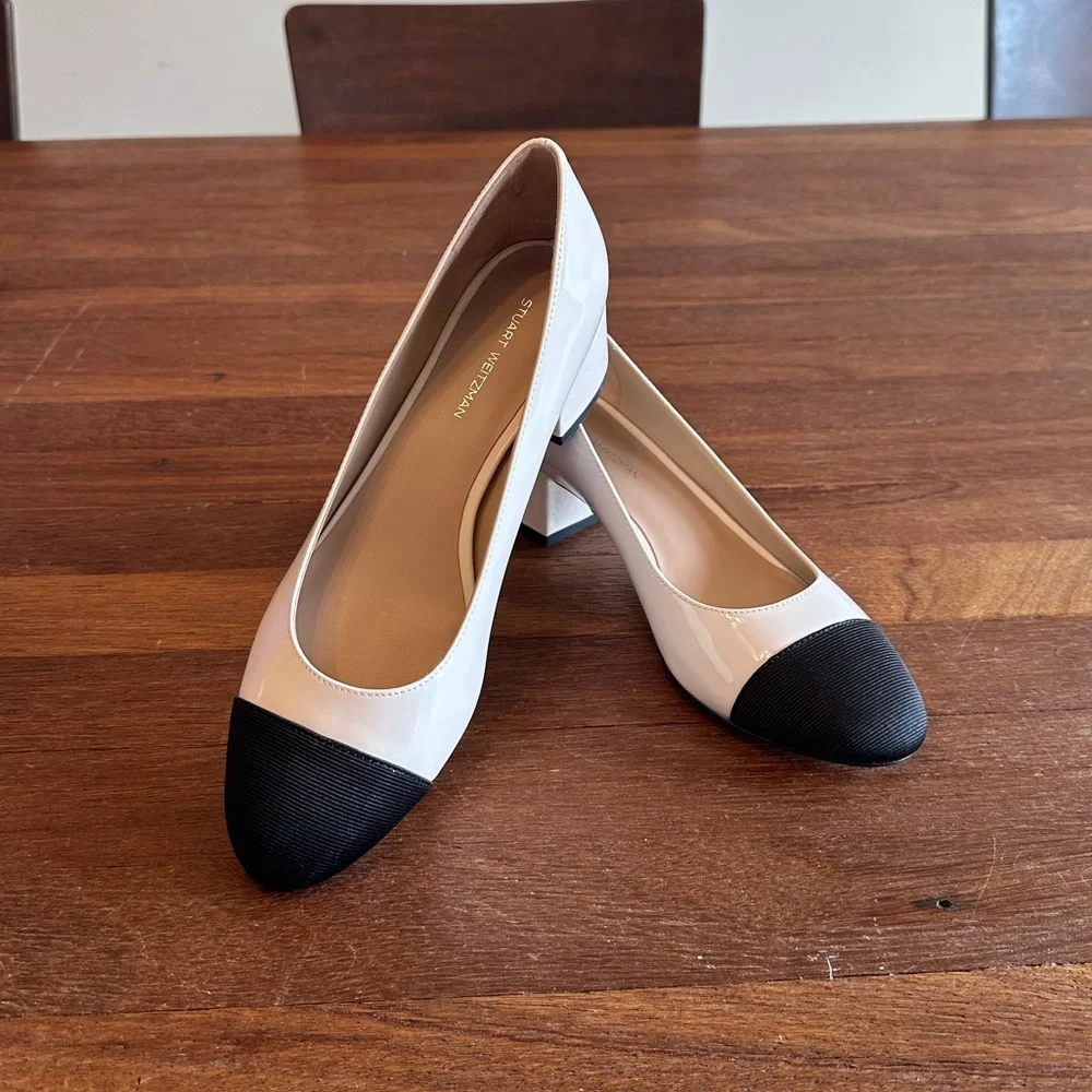 Stuart Weitzman Gabby 45 Block Heel Pump 8 White Black Leather New in Box